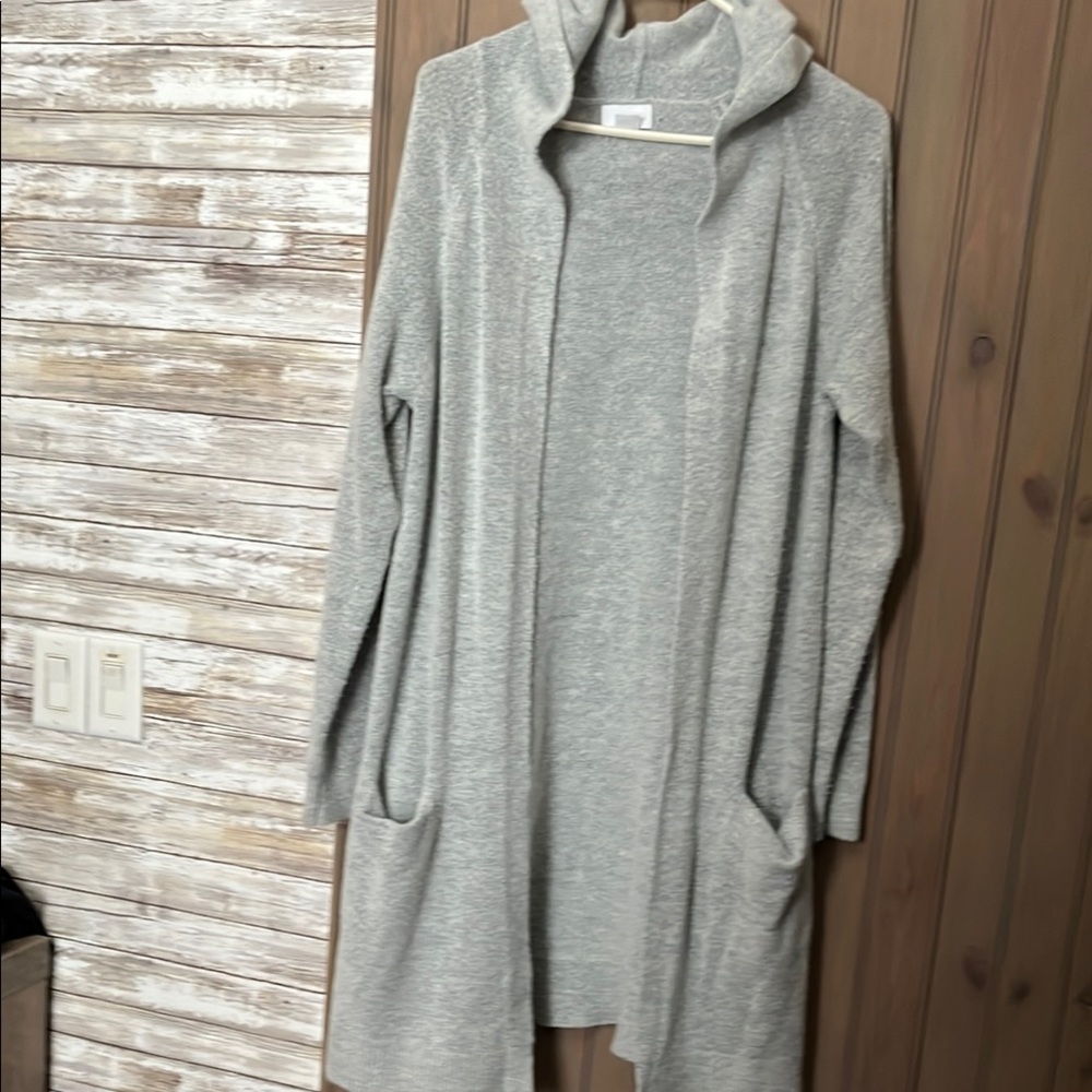 Gray Hooded Cardigan with Soft Knit Texture